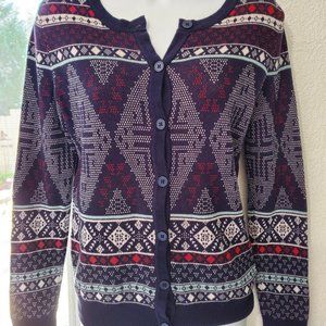 Women's/Girl's Geometric Pattern Navy Button Front Cardigan Sz Small 100% Cotton